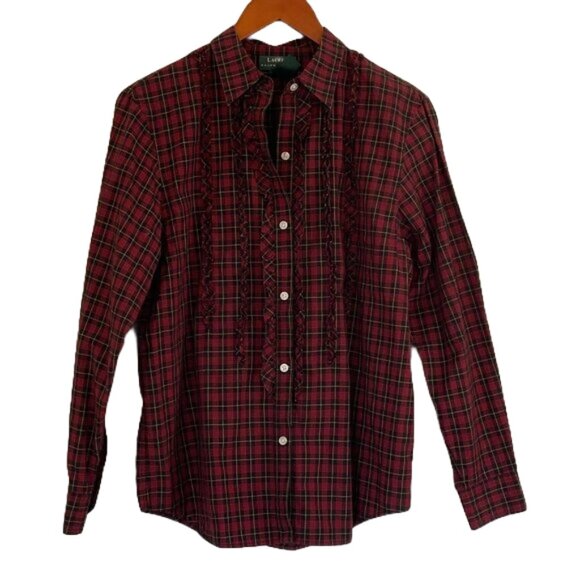Lauren Ralph Lauren Red, Black, Tartan Plaid Ruffle Button Down Shirt, L - Picture 1 of 13